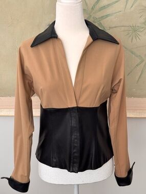 Vintage Donna Degnan Tan Cotton and Black Leather Corset Shirt